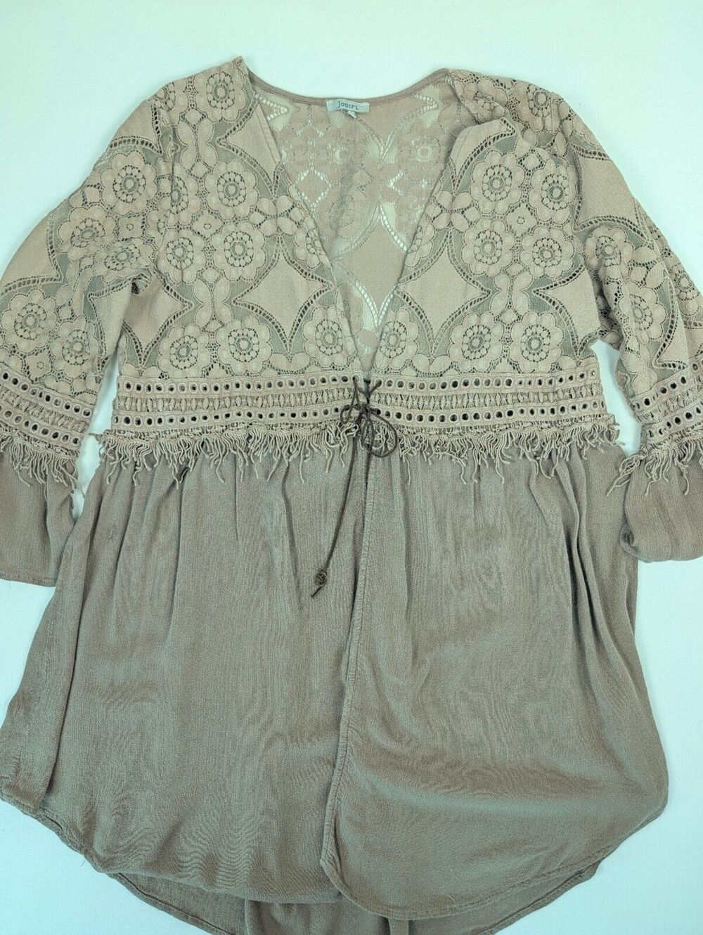 Jodifl Bohemian Beige Lace Crochet Tunic Dress with Fringe Detail Large